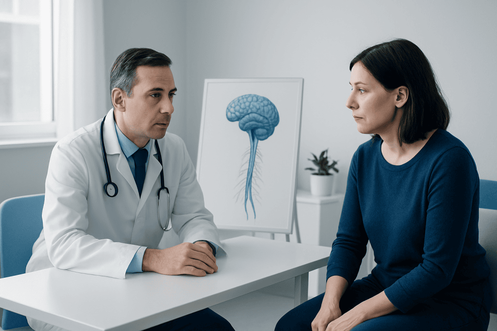 Doctor consulting with patient about brain MRI findings for multiple sclerosis.