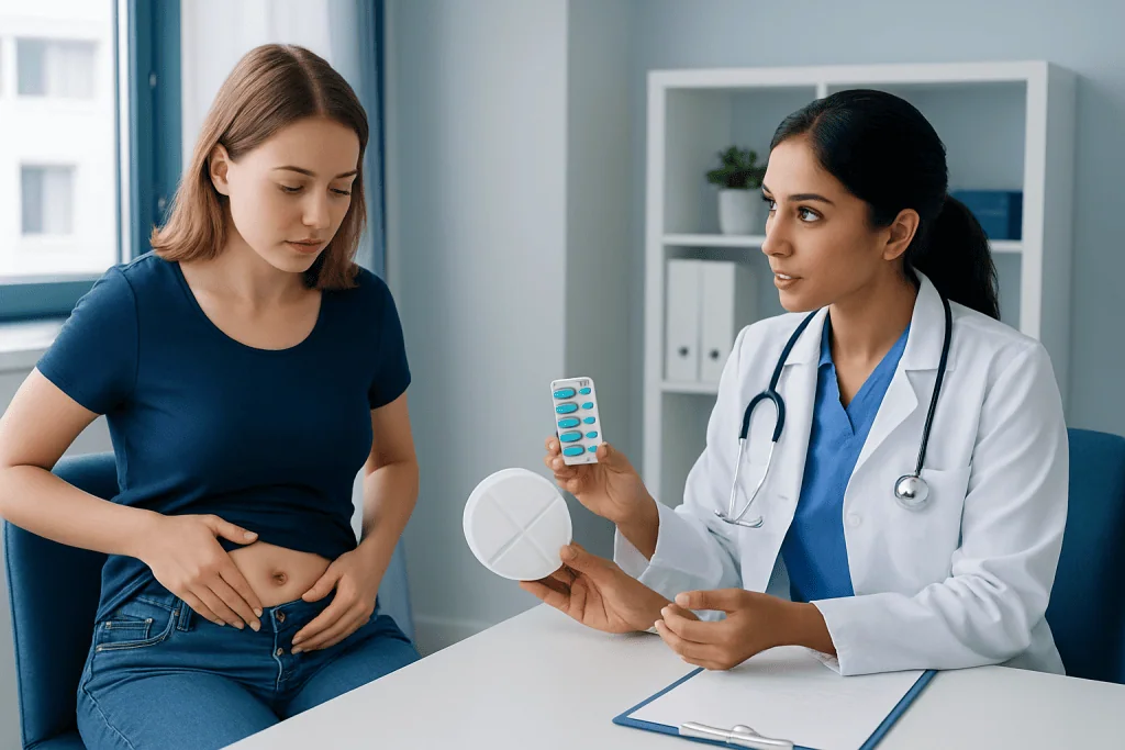 Doctor explaining medication to young woman in clinic setting.