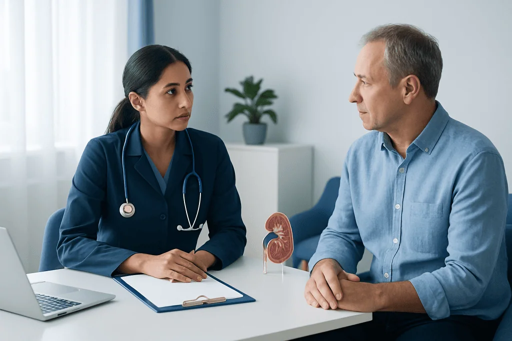 Doctor consulting with male patient about kidney health in clinic.