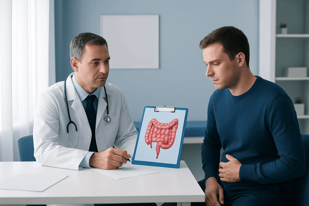 Doctor explaining colon health to patient with digital colon diagram.