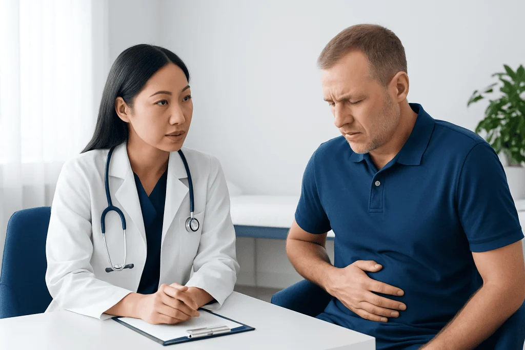 Doctor consulting with patient about abdominal pain in a clinical setting.