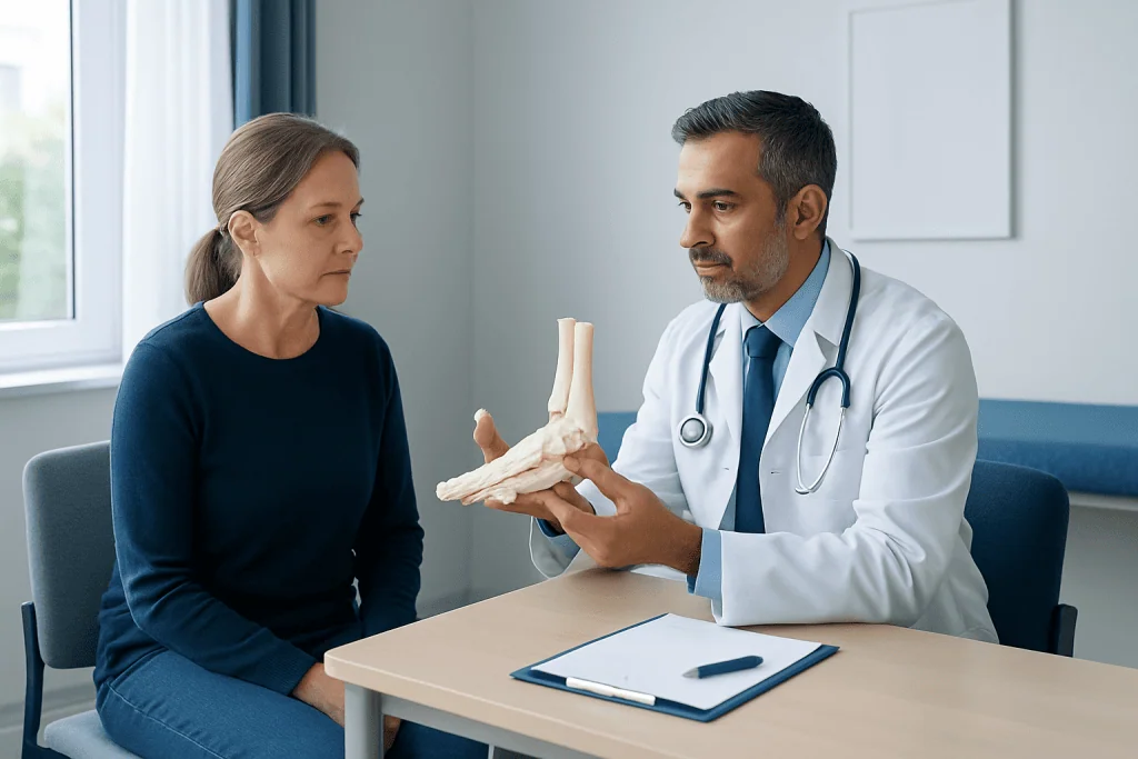 Doctor explaining heel spur treatment options to a patient.