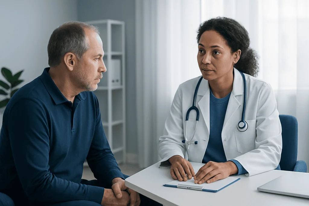 Doctor consulting with a patient in a medical office setting.
