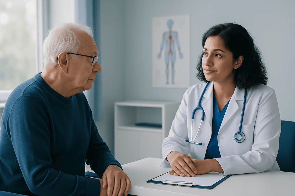 Doctor consulting with an elderly patient in a medical office.