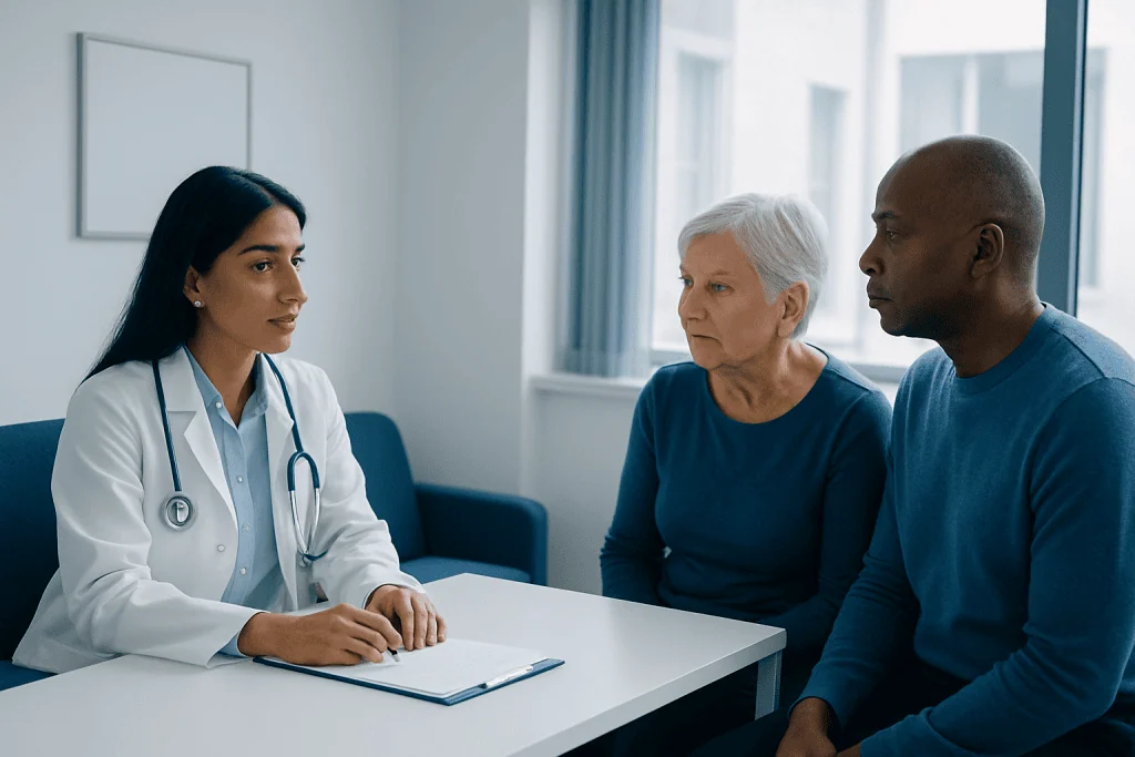 Doctor consulting with elderly patient and caregiver in a hospital room.