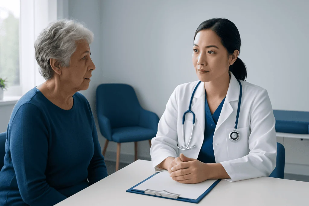 Doctor consulting with elderly female patient in a medical office.