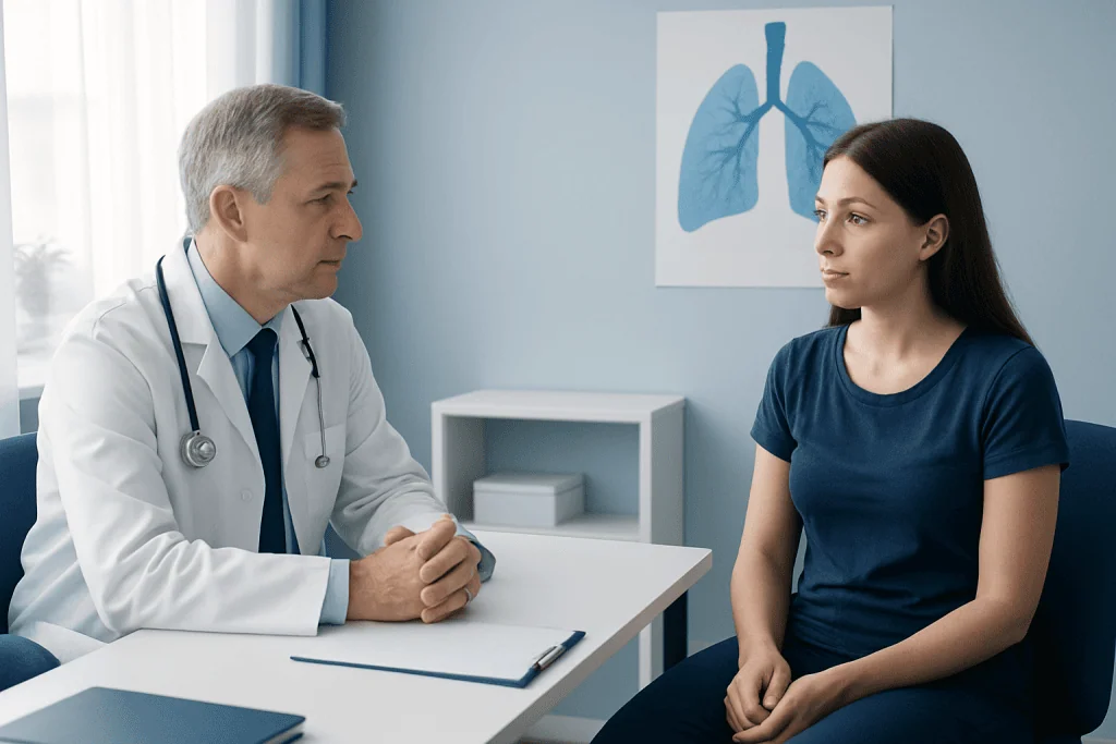 Doctor consulting with a patient in a medical office with lung diagram.