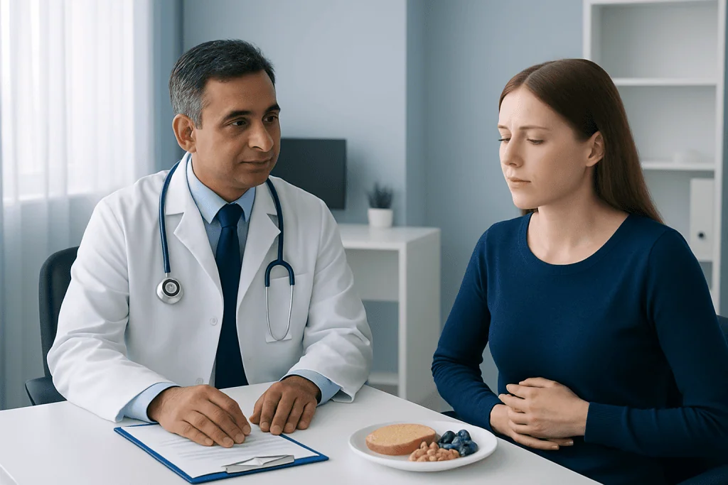 Doctor consulting with young woman about food allergies in a clinical setting.
