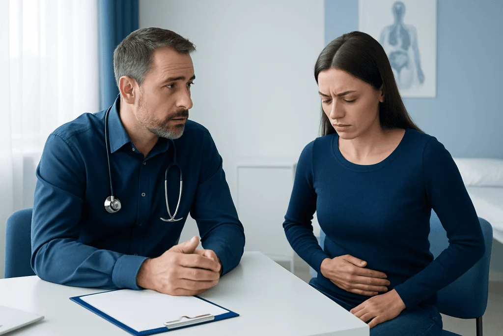 Doctor consulting with a patient about abdominal pain and possible appendicitis.