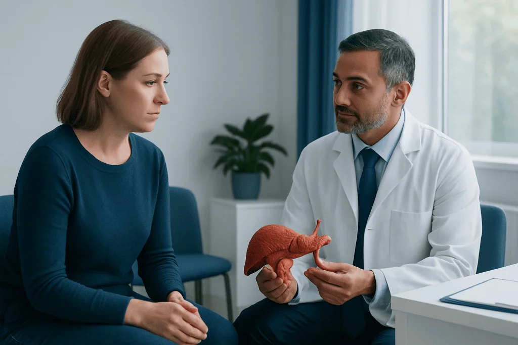 Doctor explaining pancreas health to a patient in a consultation room.