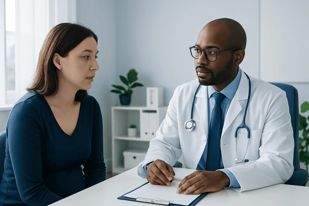 Doctor consulting with a patient in a modern medical office.