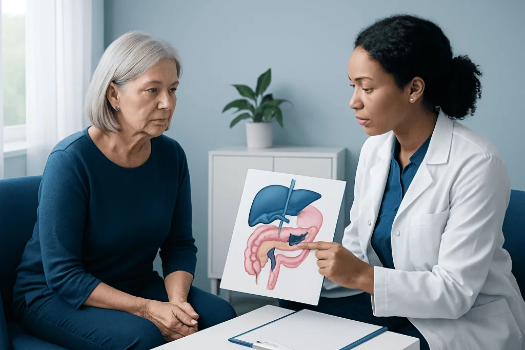 Doctor explaining liver and digestive system to an elderly woman.