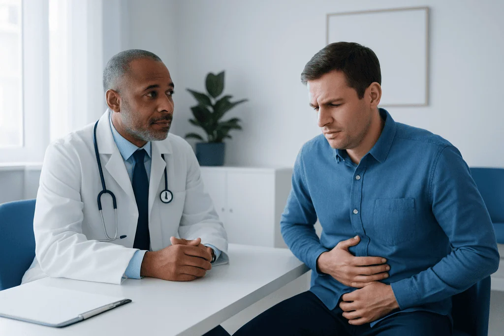 Doctor consulting a patient with stomach pain in a medical office.