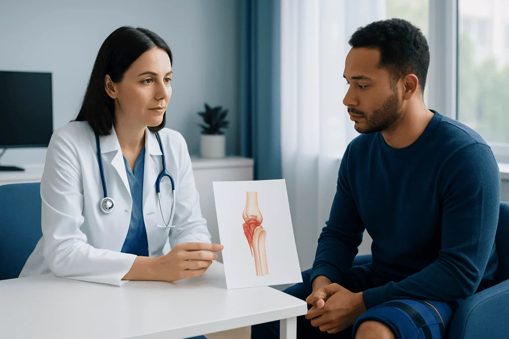 Doctor explaining ankle anatomy to patient in a consultation room.