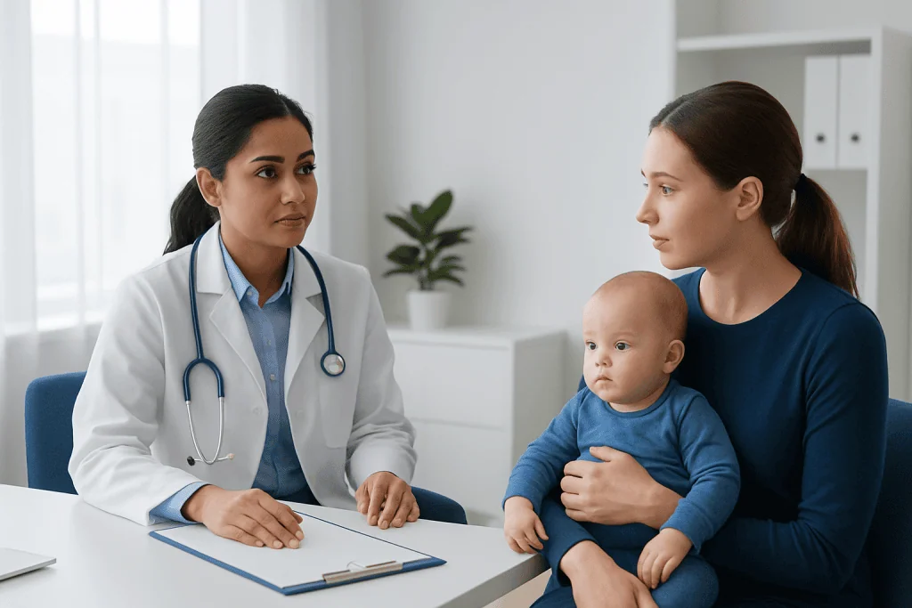 Pediatric consultation at Acibadem Hospital with doctor and mother with baby.