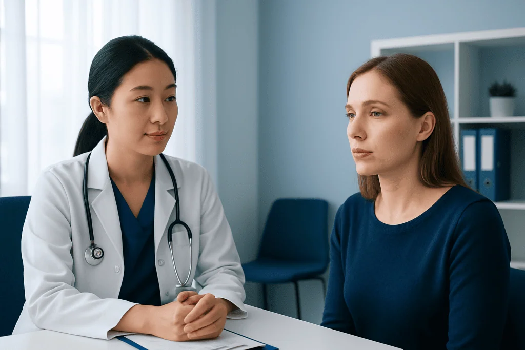Doctor consulting with a patient about herpes on lip in a clinical setting.