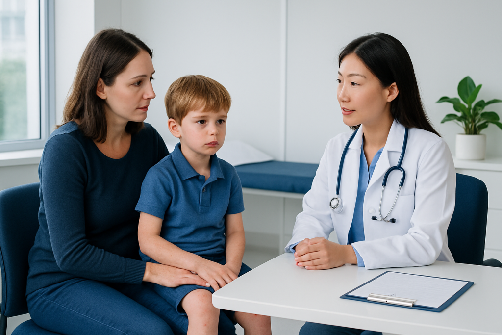 Pediatric consultation at Acibadem Hospital with doctor and young patient.