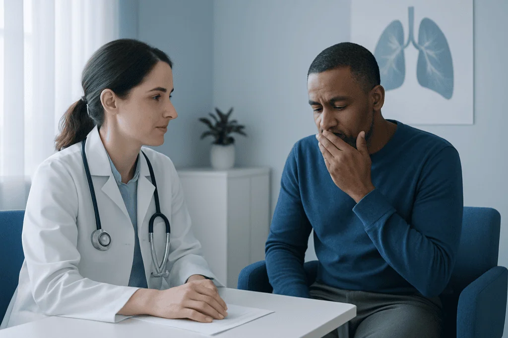 Doctor consulting a patient with lung health concerns in a clinical setting.