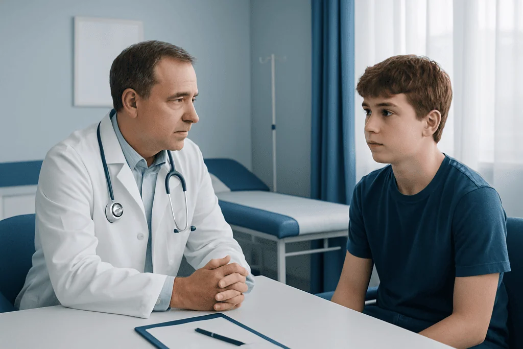 Doctor consulting with a young patient in a hospital room.