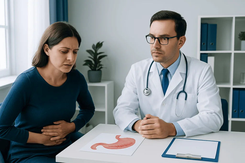 Doctor consulting with a patient about stomach health and H Pylori symptoms.