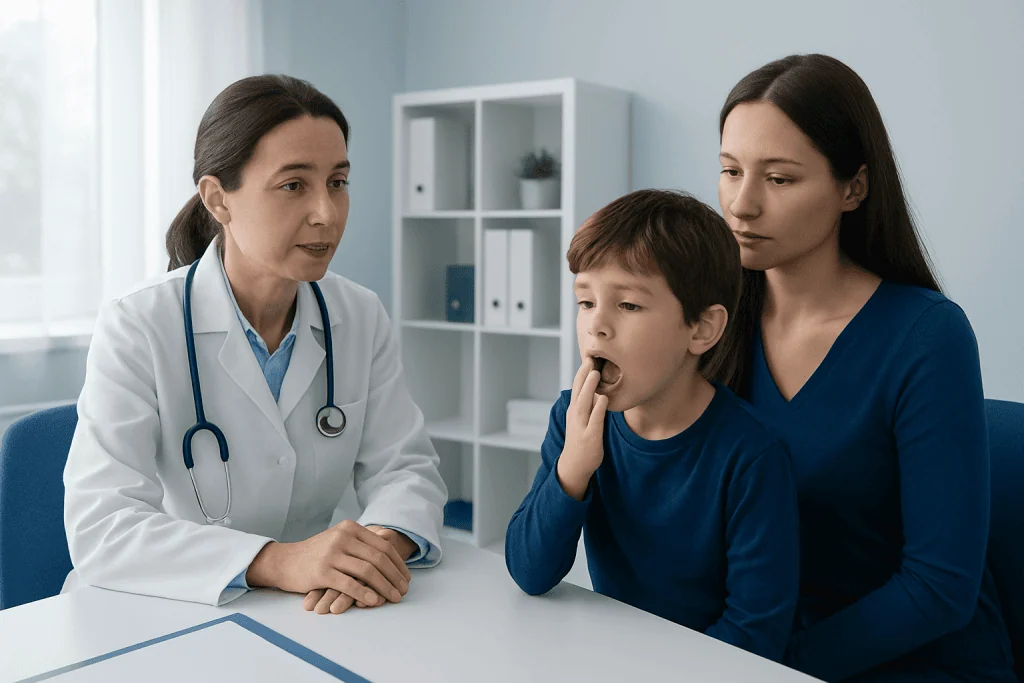 Pediatric consultation at Acibadem Hospital with doctor and mother.