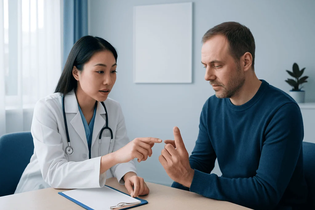 Doctor explaining herpetic whitlow to patient in consultation room.