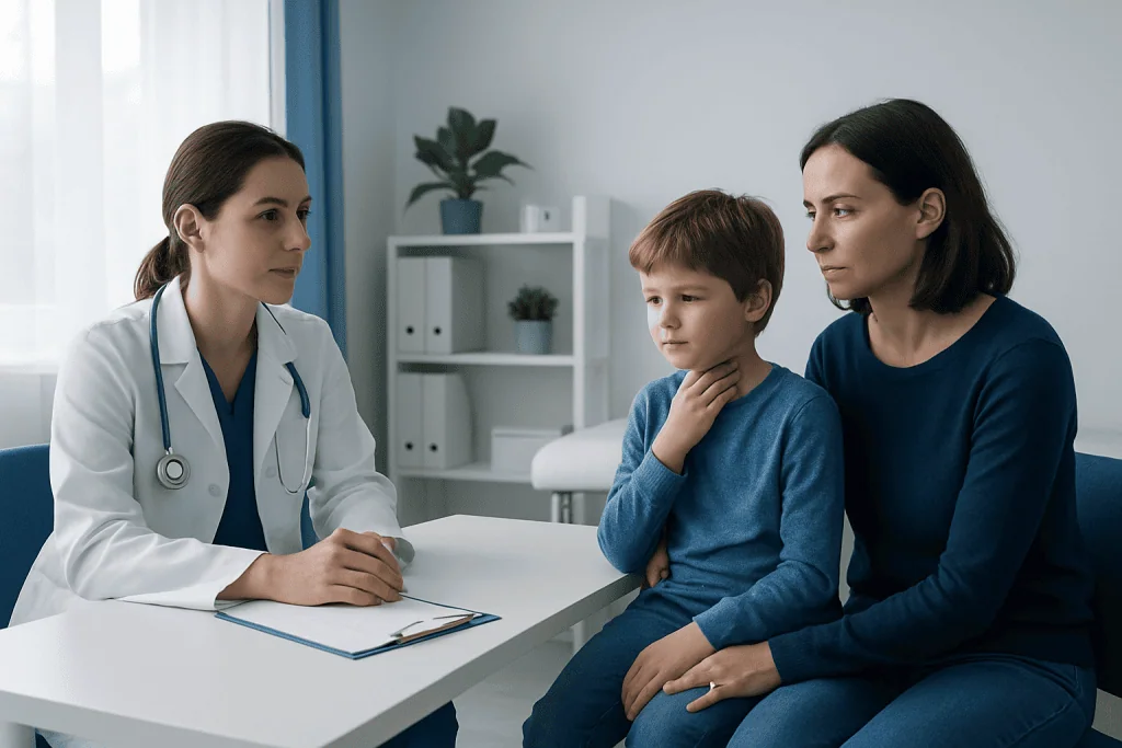Doctor consulting with a mother and child about health concerns.