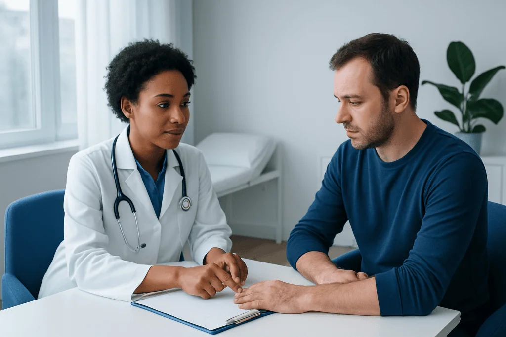 Doctor examining patient's hand in a medical consultation room.