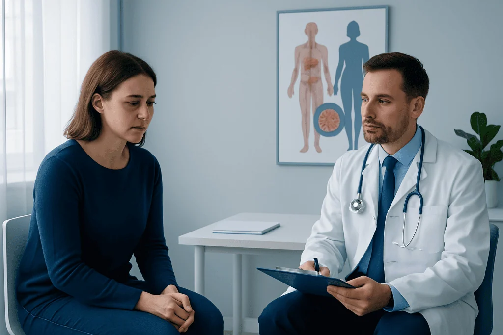 Doctor consulting with a patient in a medical office with anatomical posters.
