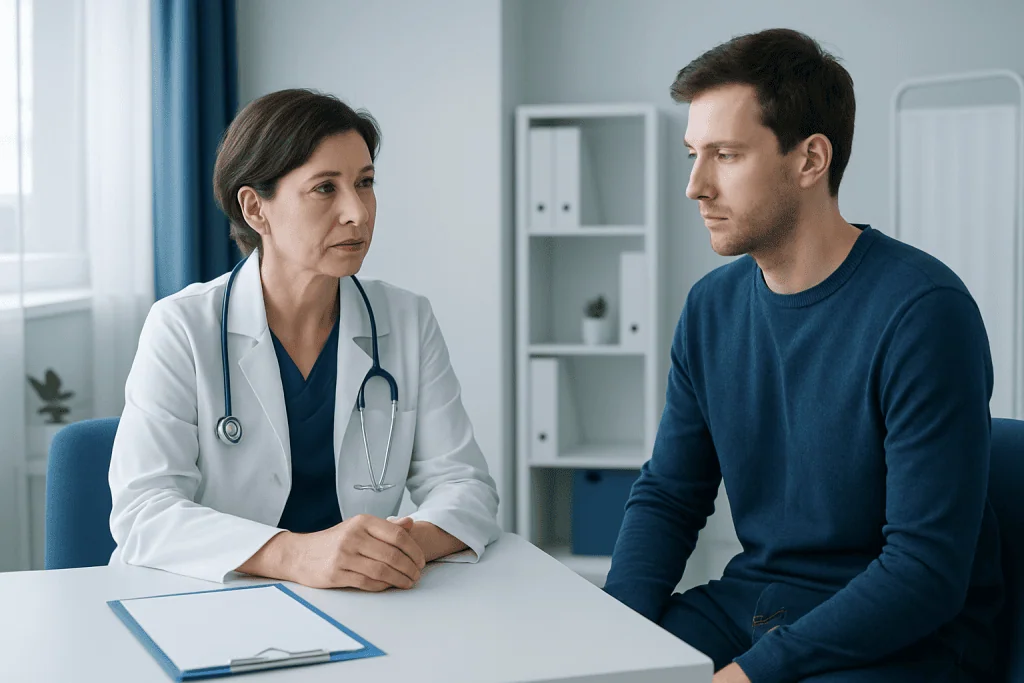 Doctor consulting with a male patient in a medical office setting.