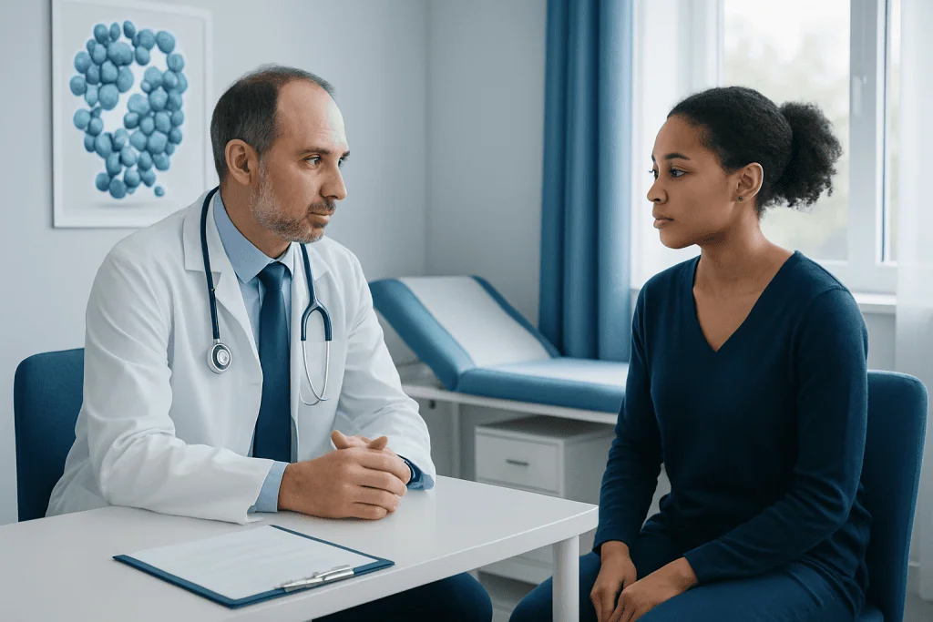 Doctor consulting with a patient in a medical office setting.