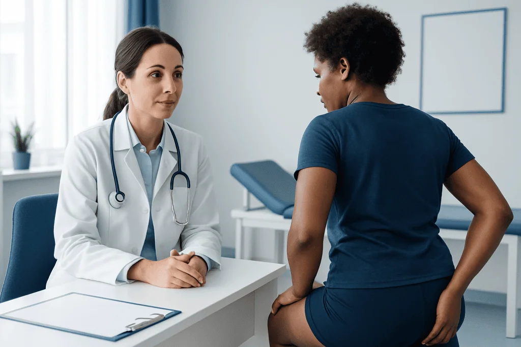 Doctor consulting with patient in a medical office setting.