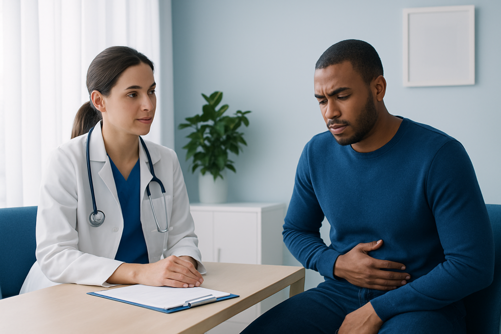 Doctor consulting a patient with stomach pain in a medical office.