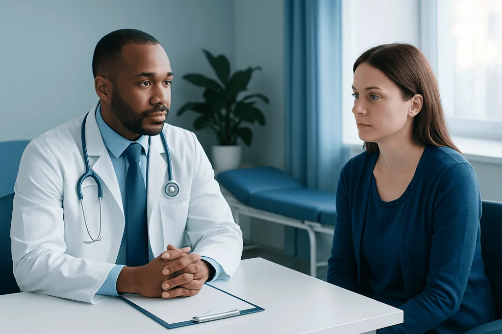 Doctor consulting with a patient in a medical office setting.