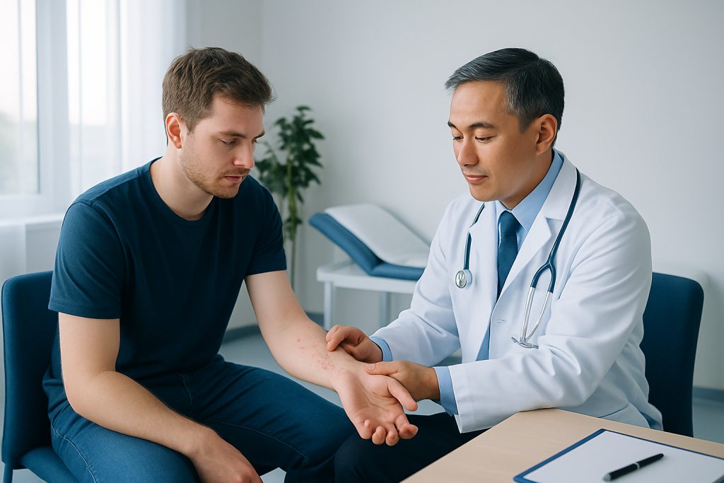 Doctor examining patient's arm in a clinical setting.