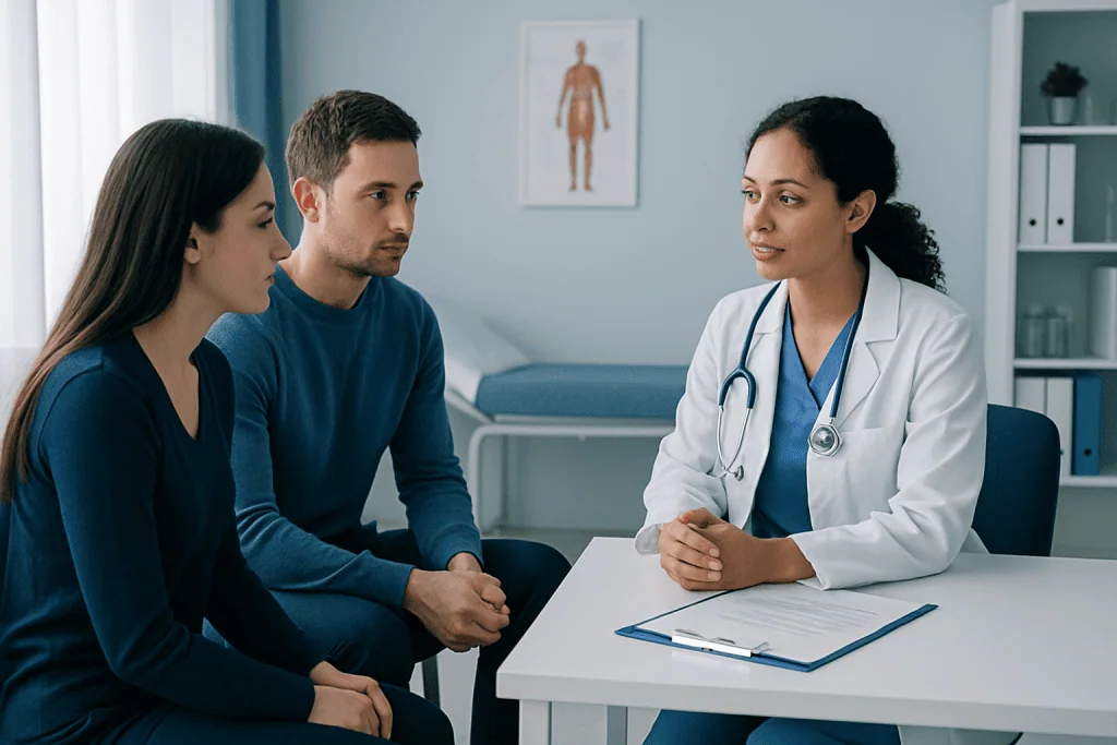 Doctor consulting with young patients in a medical office setting.