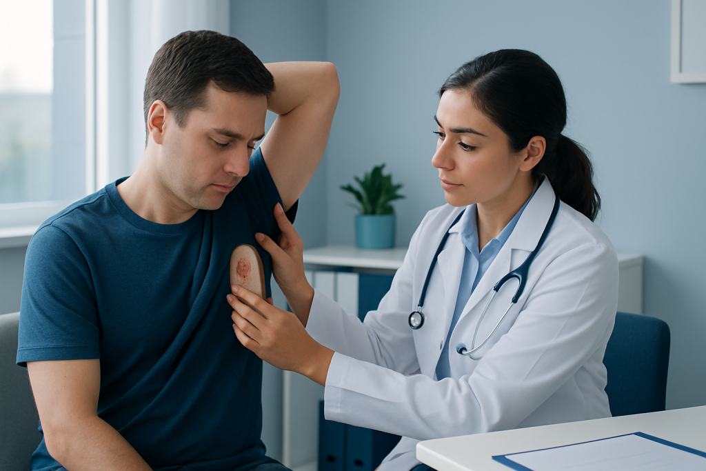 Doctor examining a patient's armpit for ringworm symptoms.