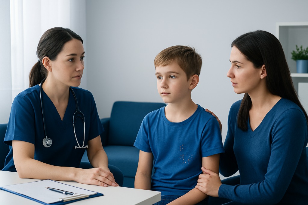 Doctor consulting with a mother and child about skin condition.