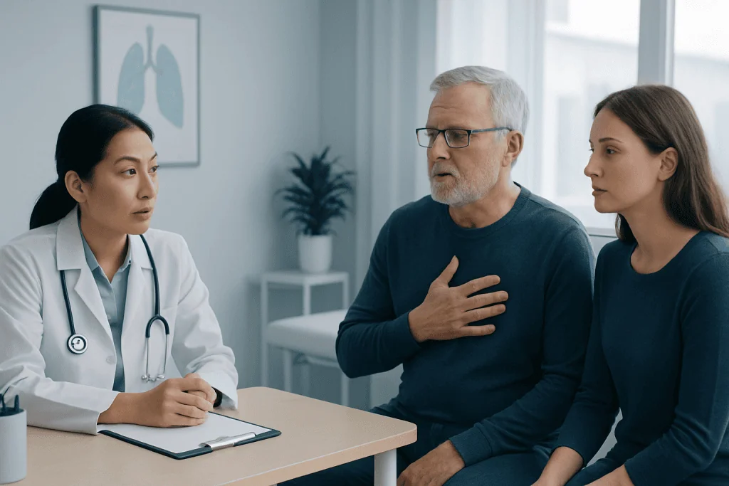 Doctor consulting with a patient and companion in a medical office.