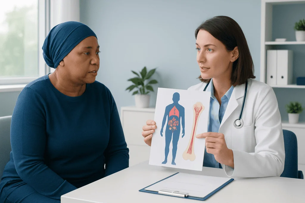 Doctor explaining bone marrow and body diagram to patient in consultation room.