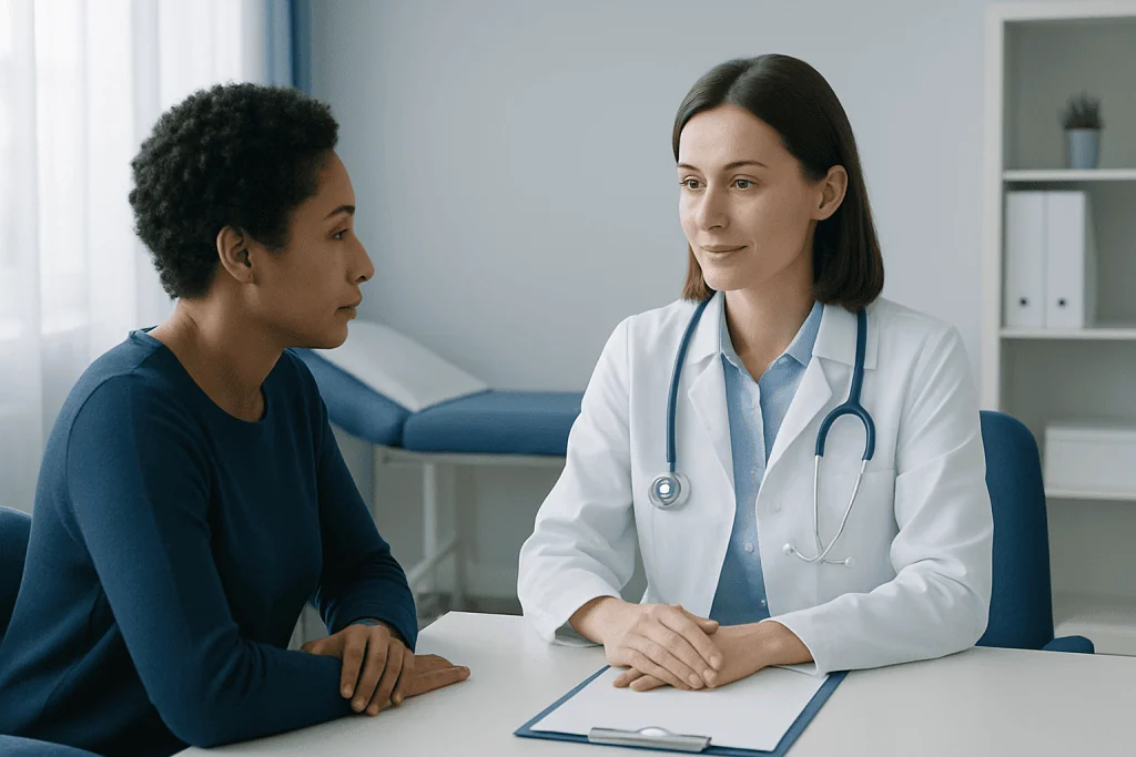 Doctor consulting patient in a medical office setting.