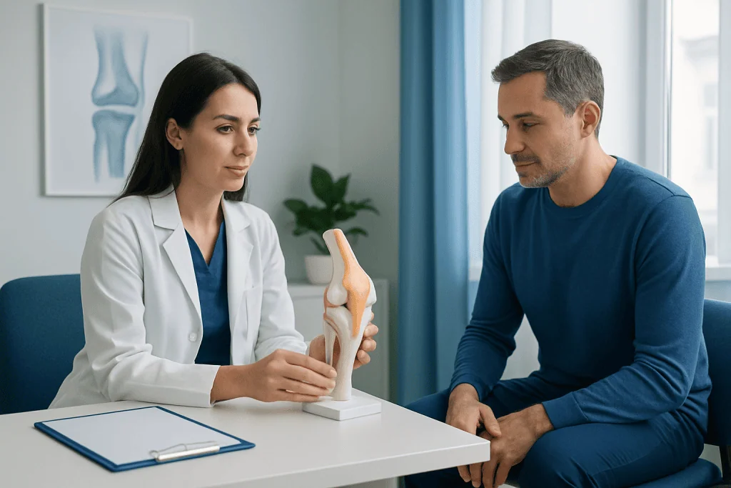 Doctor explaining meniscus tear to patient with knee model in clinic.