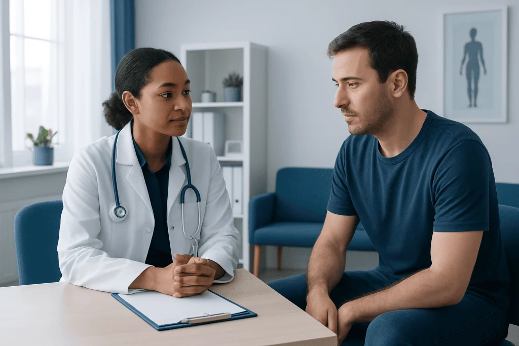 Doctor consulting male patient in a medical office setting.