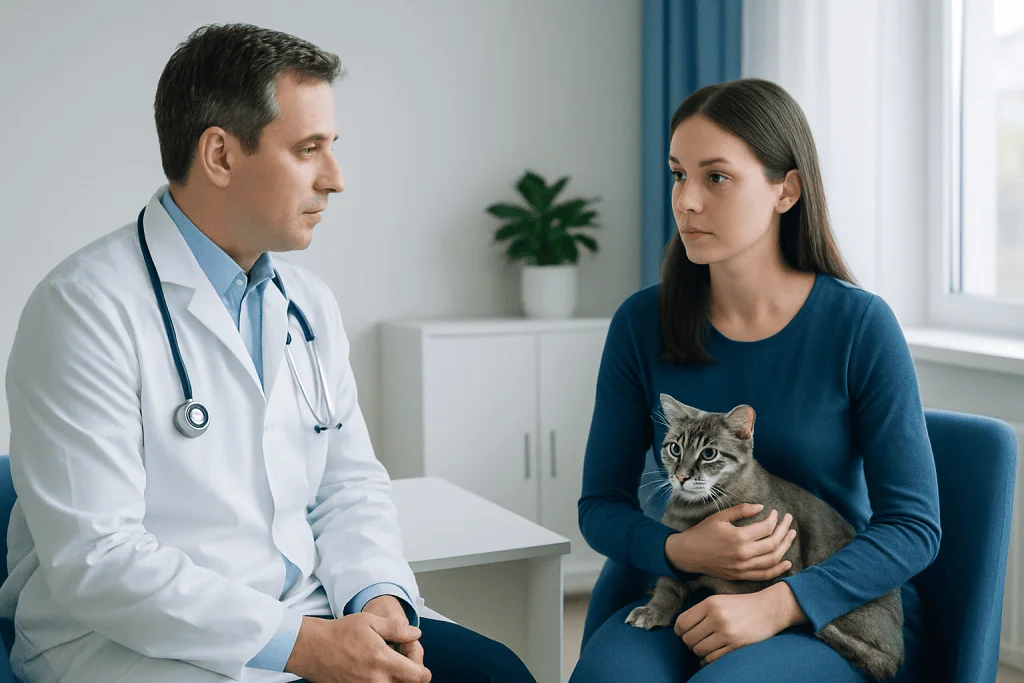 Veterinarian consulting with a young woman holding a cat in a clinic.