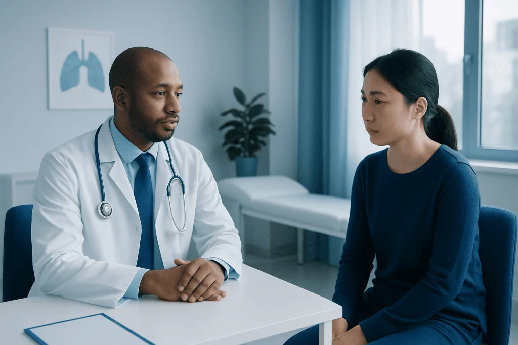 Doctor consulting with a patient in a modern hospital room.