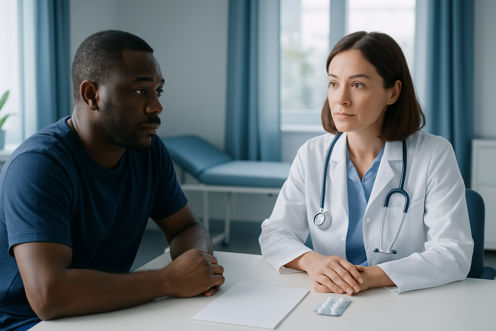 Doctor consulting with a patient in a medical office.