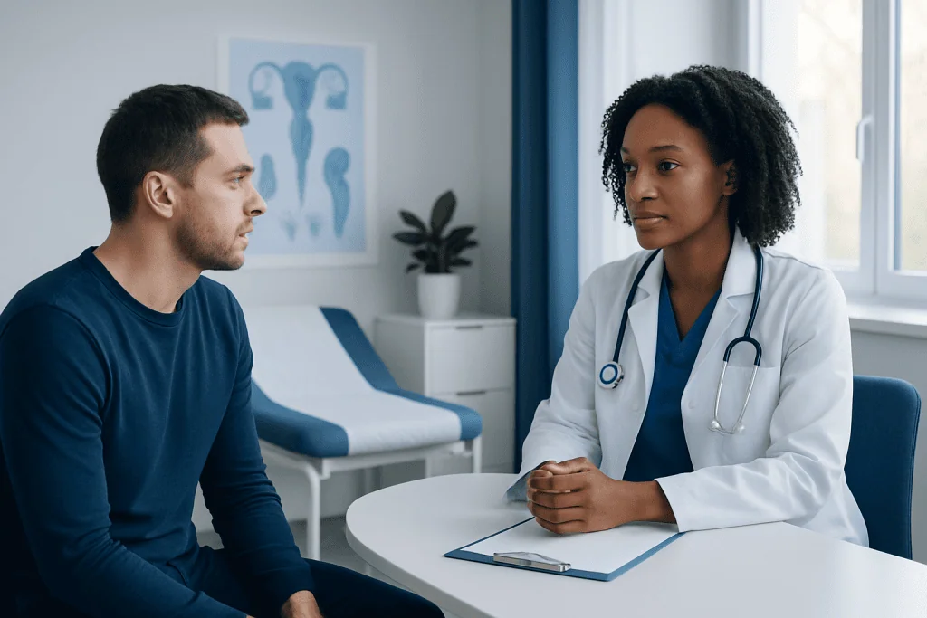 Doctor consulting with a male patient in a medical office setting.
