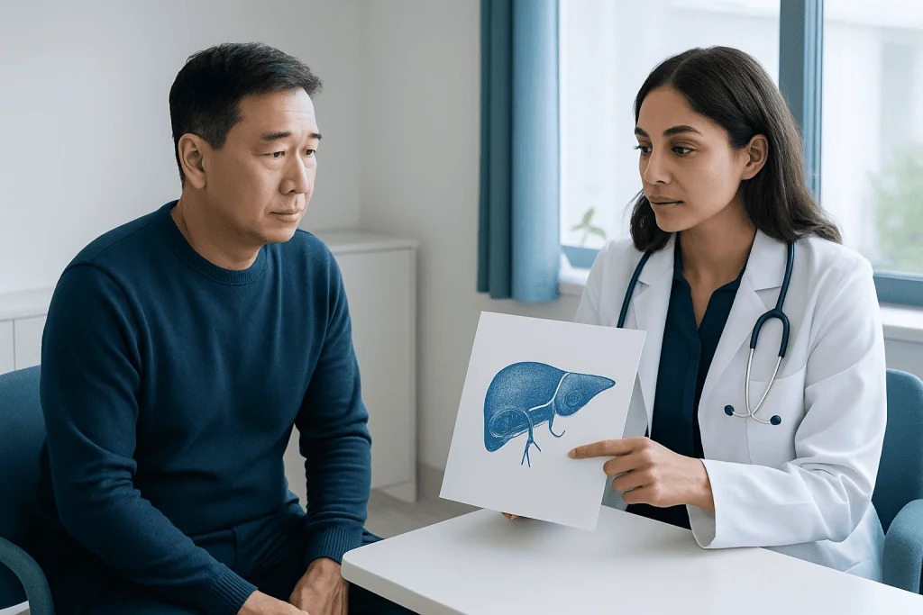 Doctor explaining liver health to patient with liver diagram.