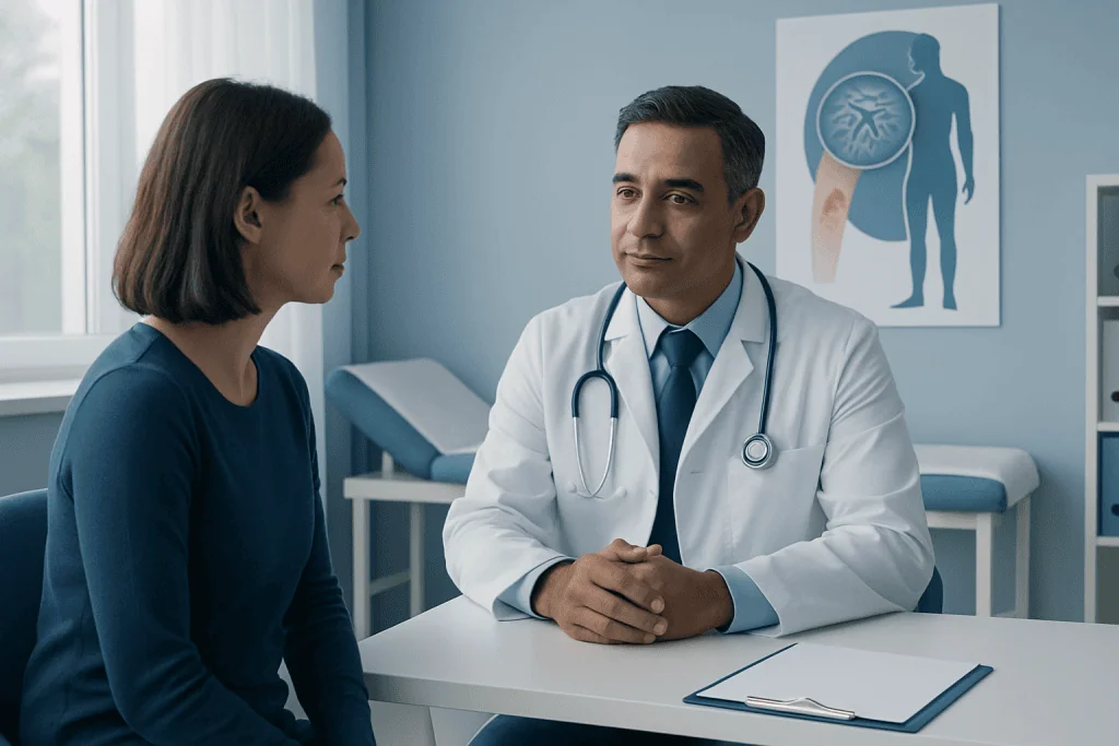 Doctor consulting patient in a medical office with parasite diagram on the wall.