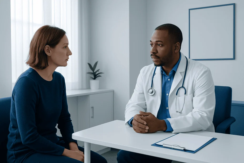 Doctor consulting with a patient in a medical office setting.